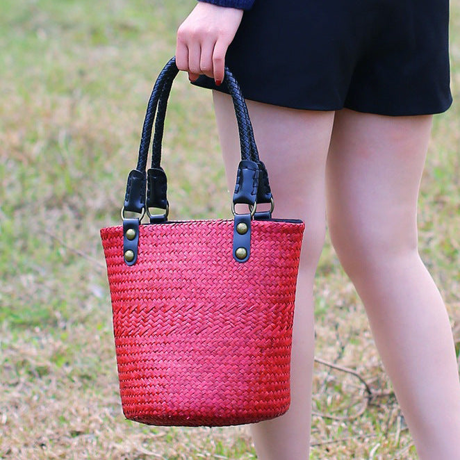 Women's Straw Rattan Woven Art National Style Portable Bucket Bags