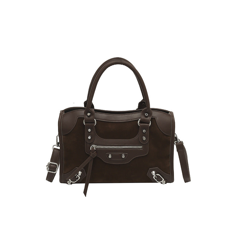 Women's Style Retro Motorcycle Winter Suede Contrast Color Women's Shoulder Bag