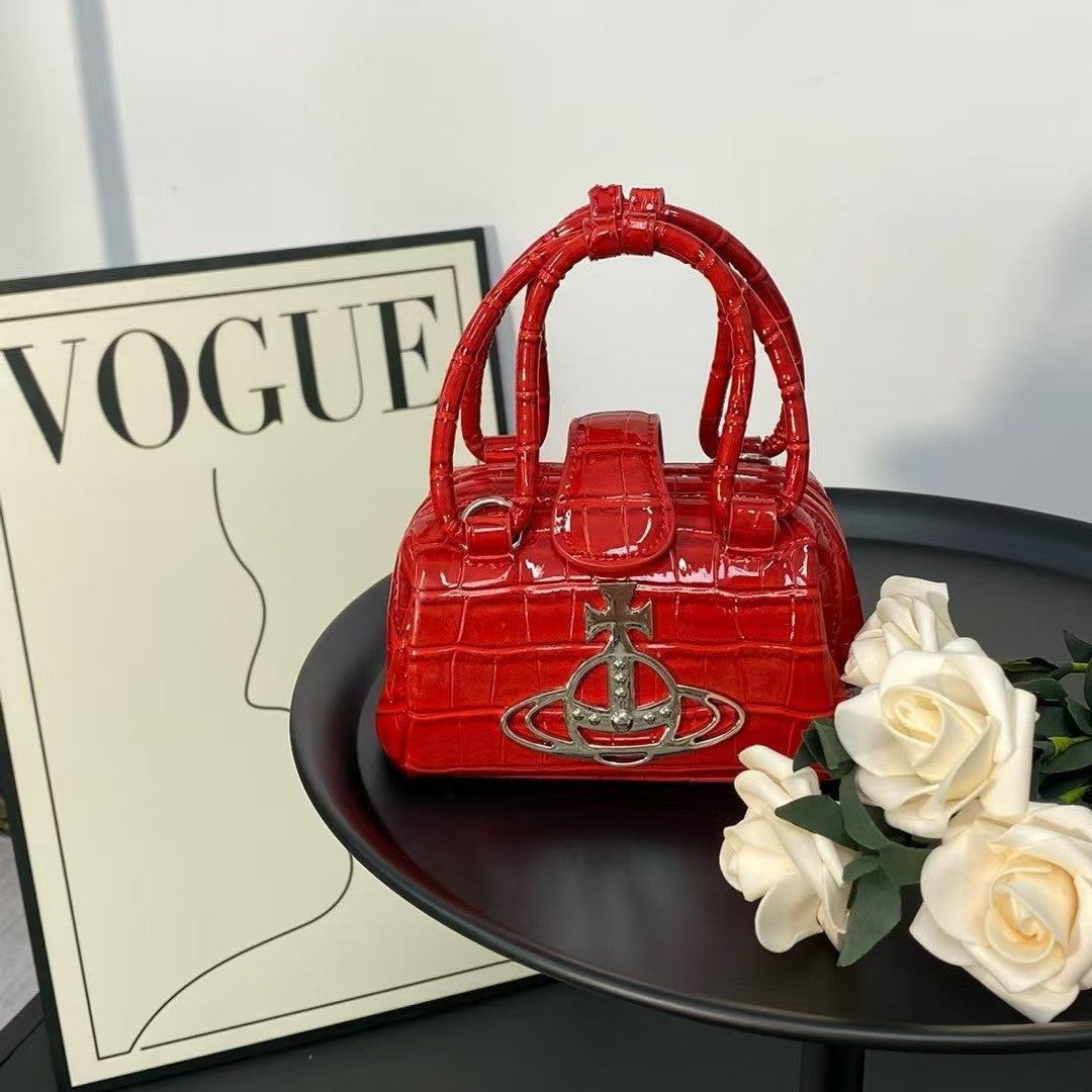 Saturn Waste High-grade Crocodile Pattern Patent Leather Frame Clip Women's Handbag