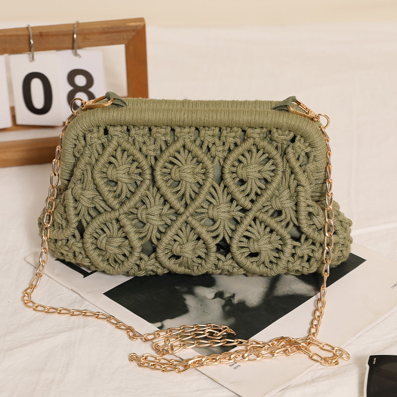 Cotton Thread Woven Solid Color Diamond Clip Straw Bags