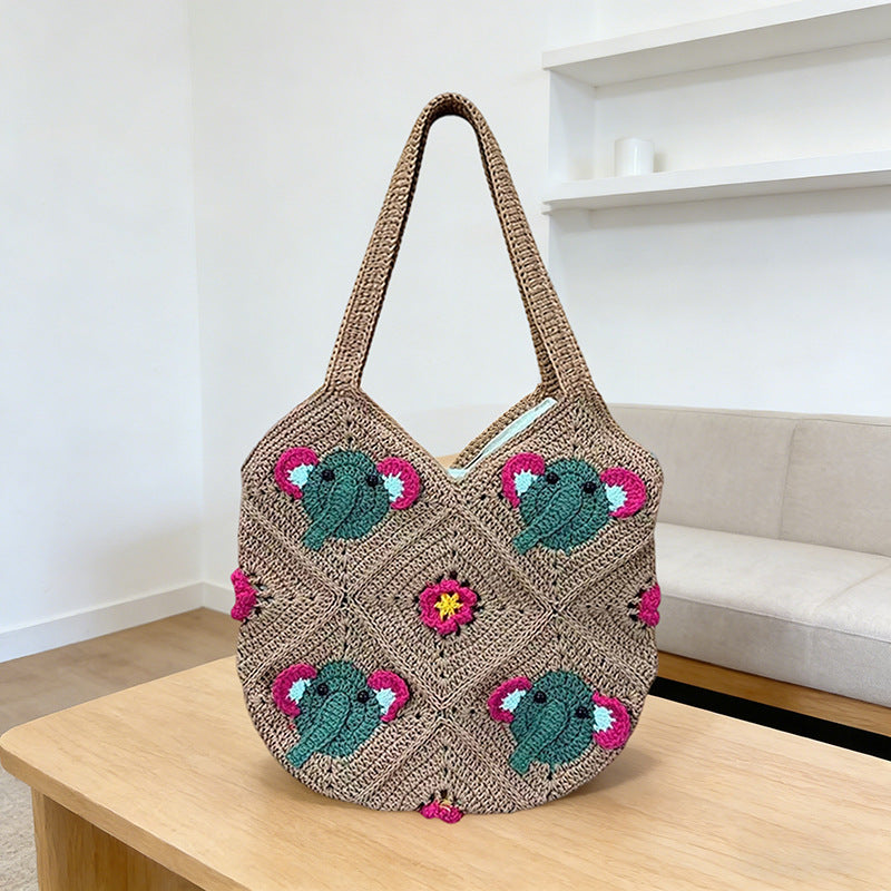 Women's Elephant Head Hand-woven Diamond Plaid Hollow Seaside Women's Messenger Bag