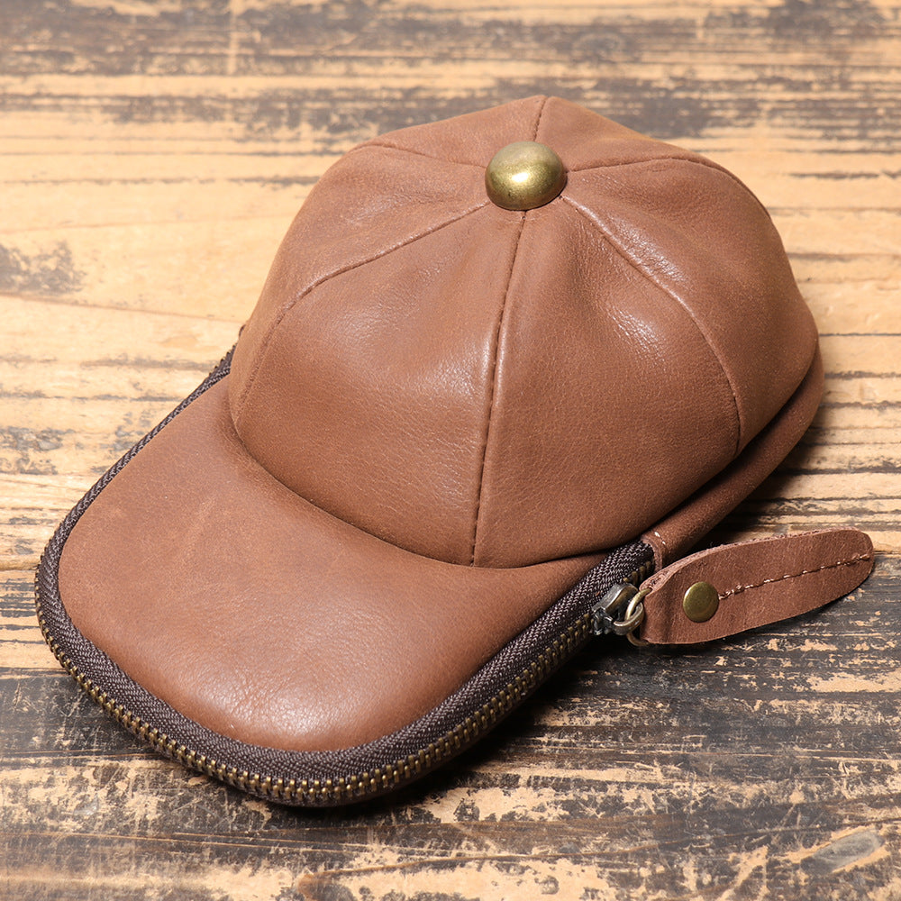 Men's Genuine Leather Cap Cowhide Zipper Crazy Horse Large Bags