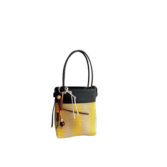 Cowhide Woven Female Lafite Straw Cross Body Striped Mobile Phone Bags