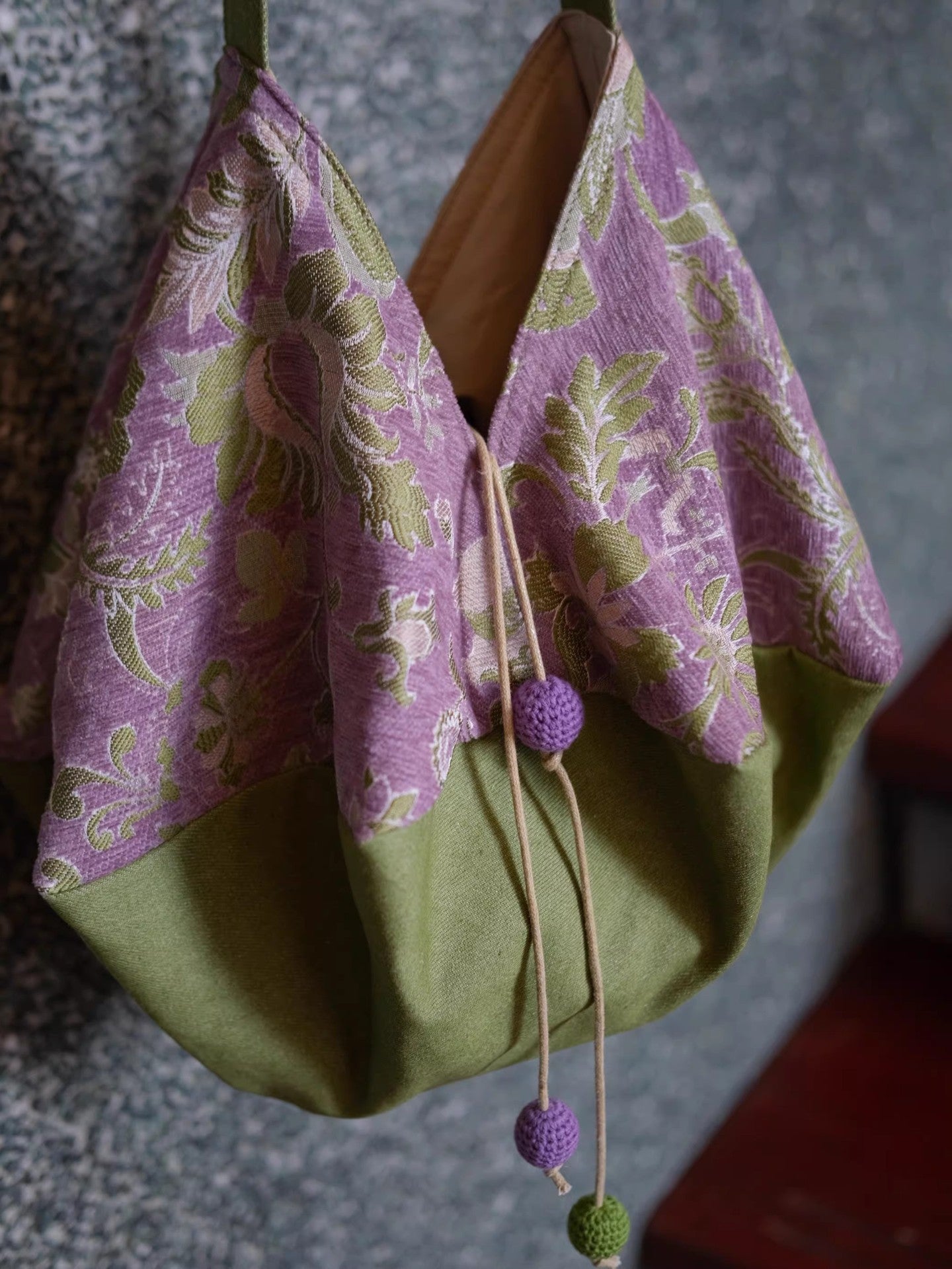 Green Light Purple Contrast Color Flower Pastoral Style Retro Jacquard Women's Shoulder Bag