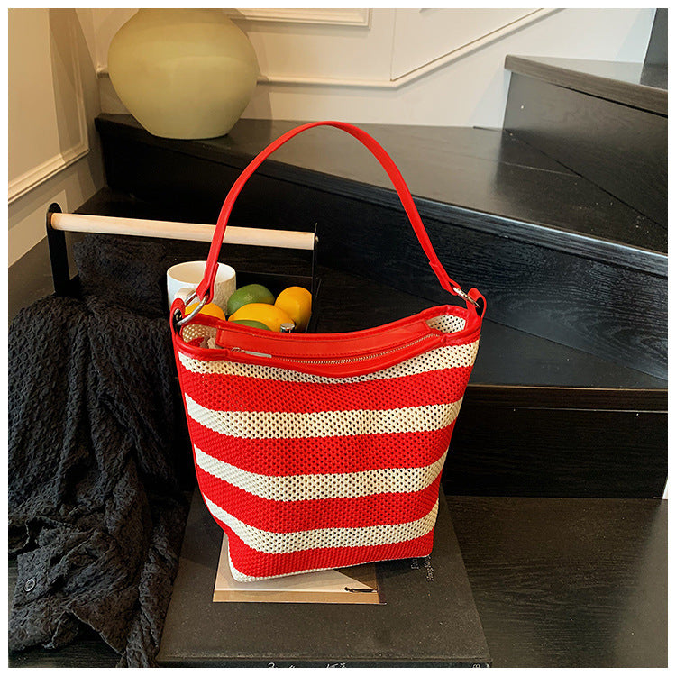 Women's Capacity Woven Striped Canvas Stitching Dumpling Women's Shoulder Bag