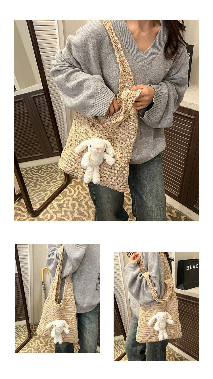 Knitted Female Korean Rabbit Pendant Commute Women's Messenger Bag