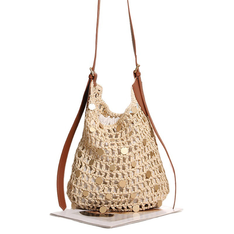 Women's Fashionable Sequins One Straw Hollow Out Women's Shoulder Bag