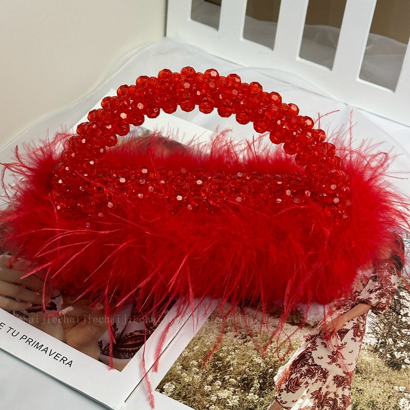 Large Ostrich Feather Handmade Beaded Dinner Party Women's Handbag