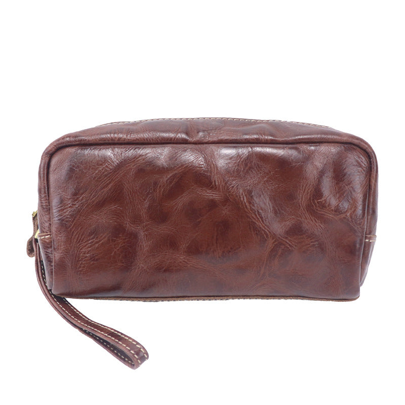 Tanned Leather Cowhide Wash Pencil Storage Large Makeup Bag