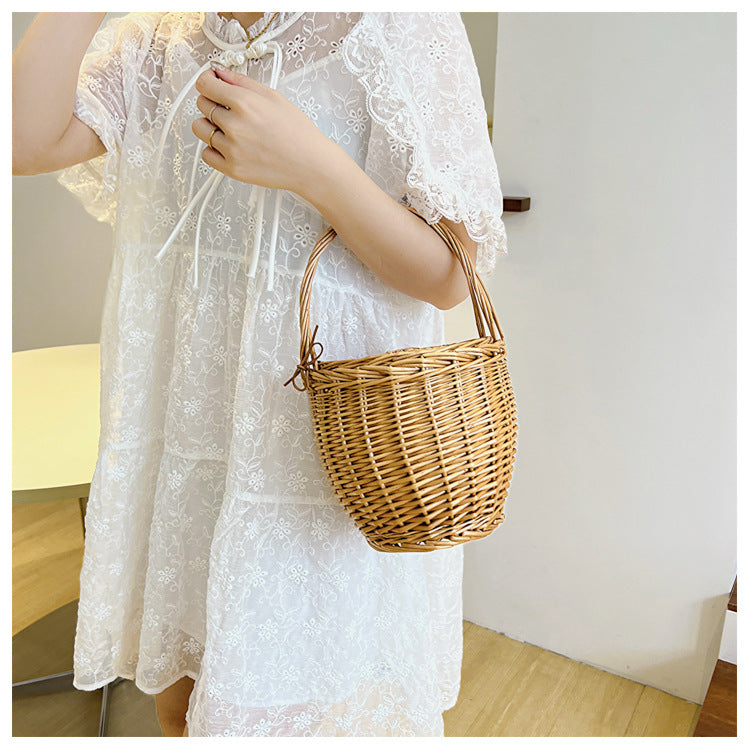 Bamboo Hand-woven French Cabas Vegetable Basket With Lid Women's Handbag