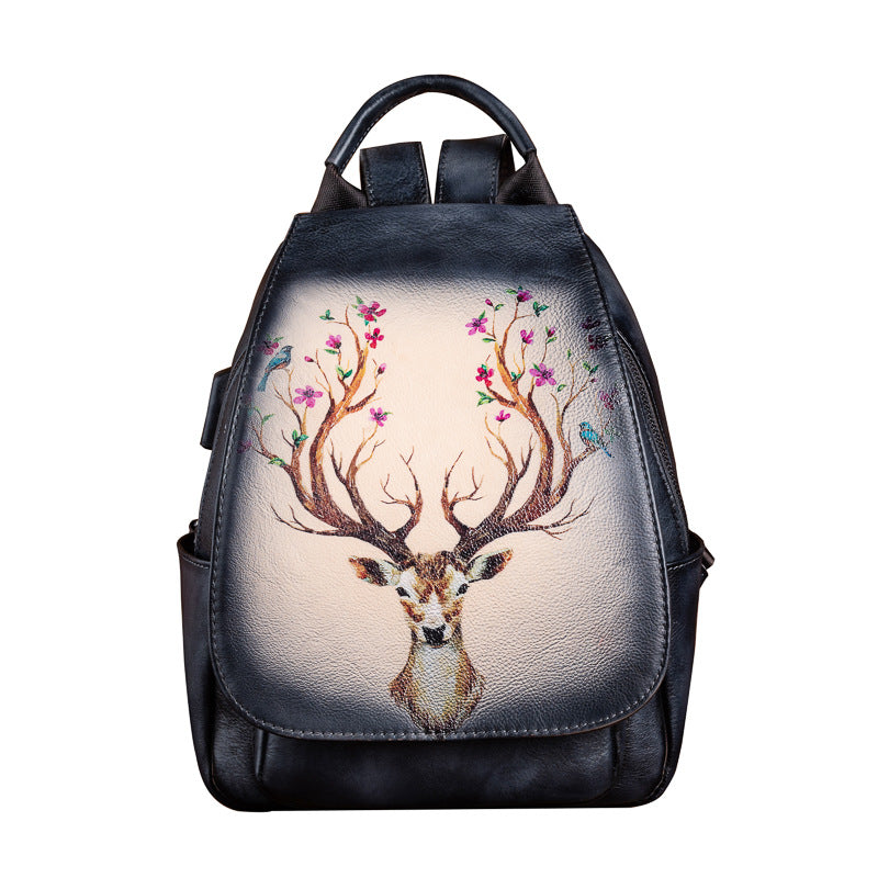 Leather First Layer Cowhide Creative Printed Yellow Brown Retro Backpacks