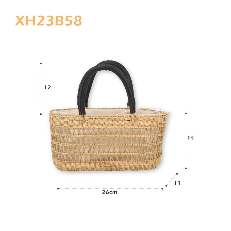 Women's Yellow Straw Summer Hollow Vertical Hand Carrying Basketball Hoop Beach Bags