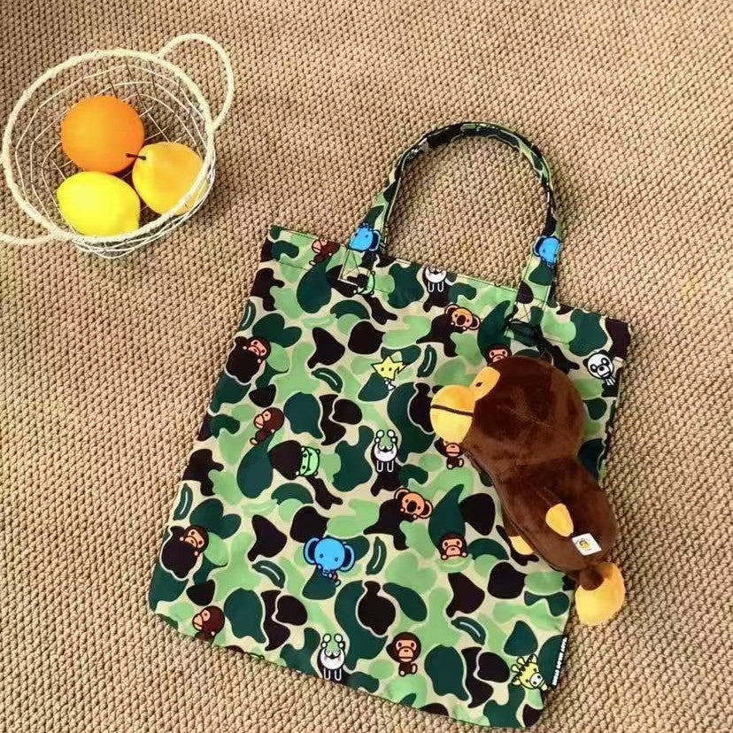 Classic Blue Green Camouflage Little Monkey Cartoon Doll Women's Handbag