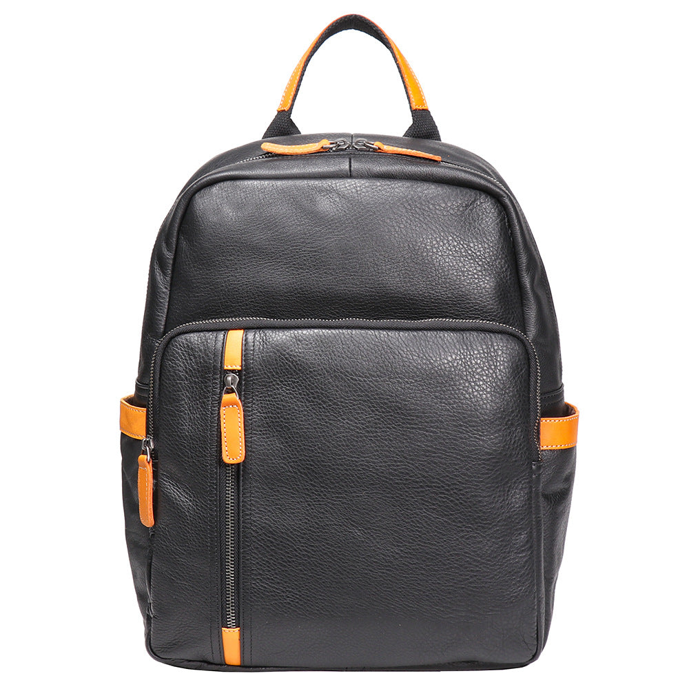 Men's Leather Versatile Cowhide Contrast Color College Backpacks