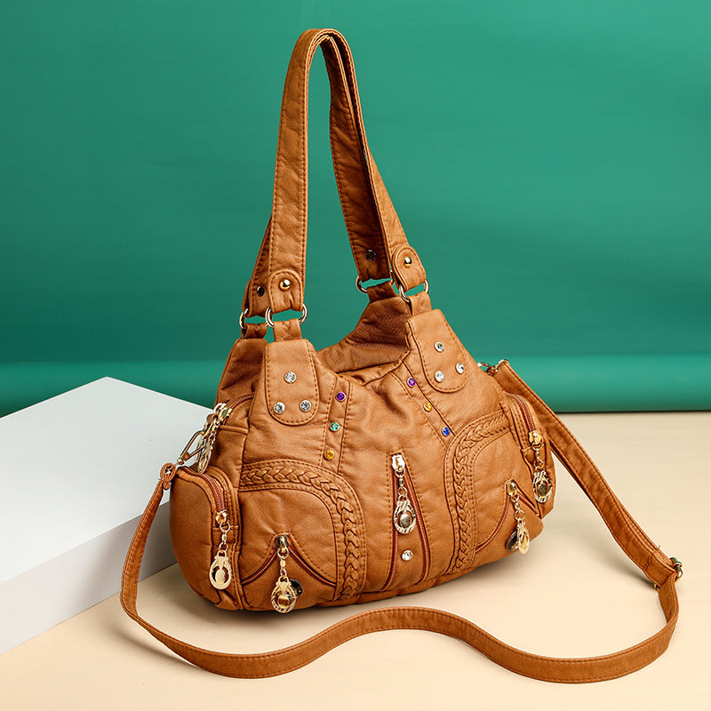 Trendy Colored Mosaic Large Capacity Washed Leather Bags