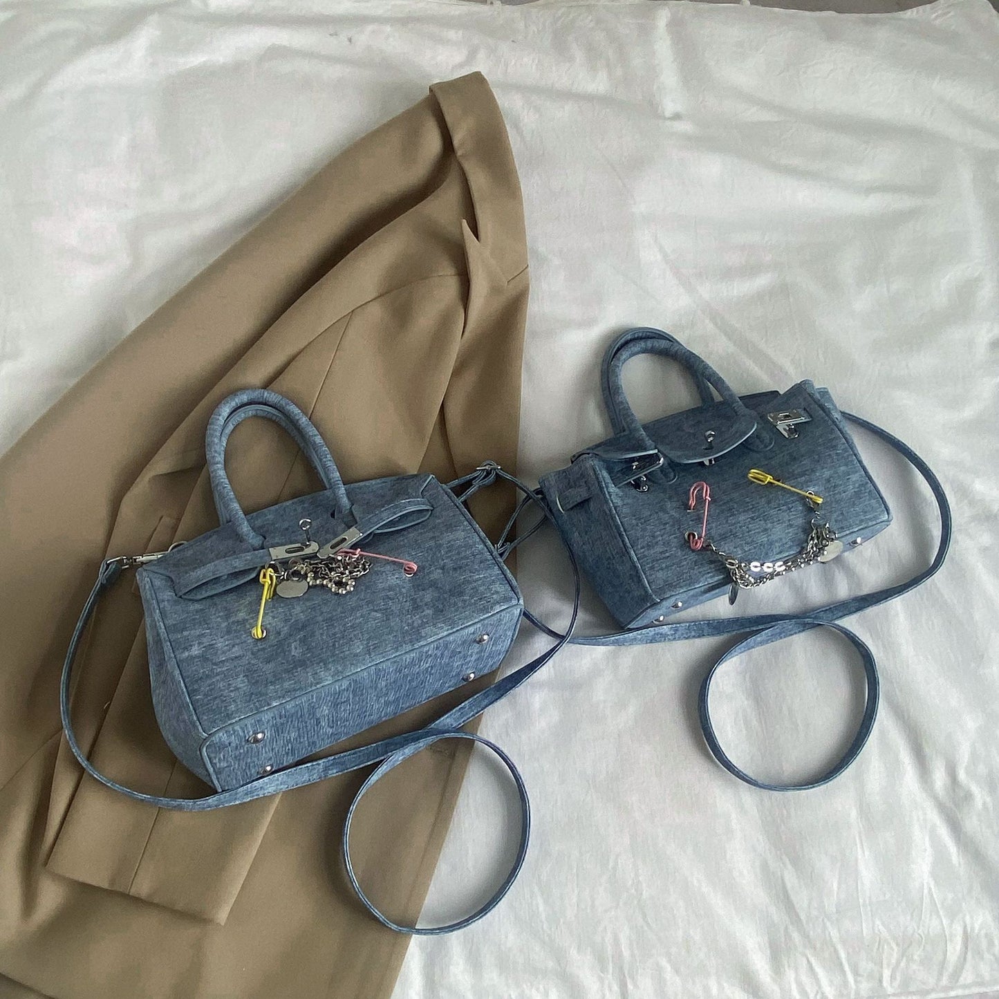 Retro Distressed Spoof Pin Rag Beggar Personality Denim Women's Shoulder Bag