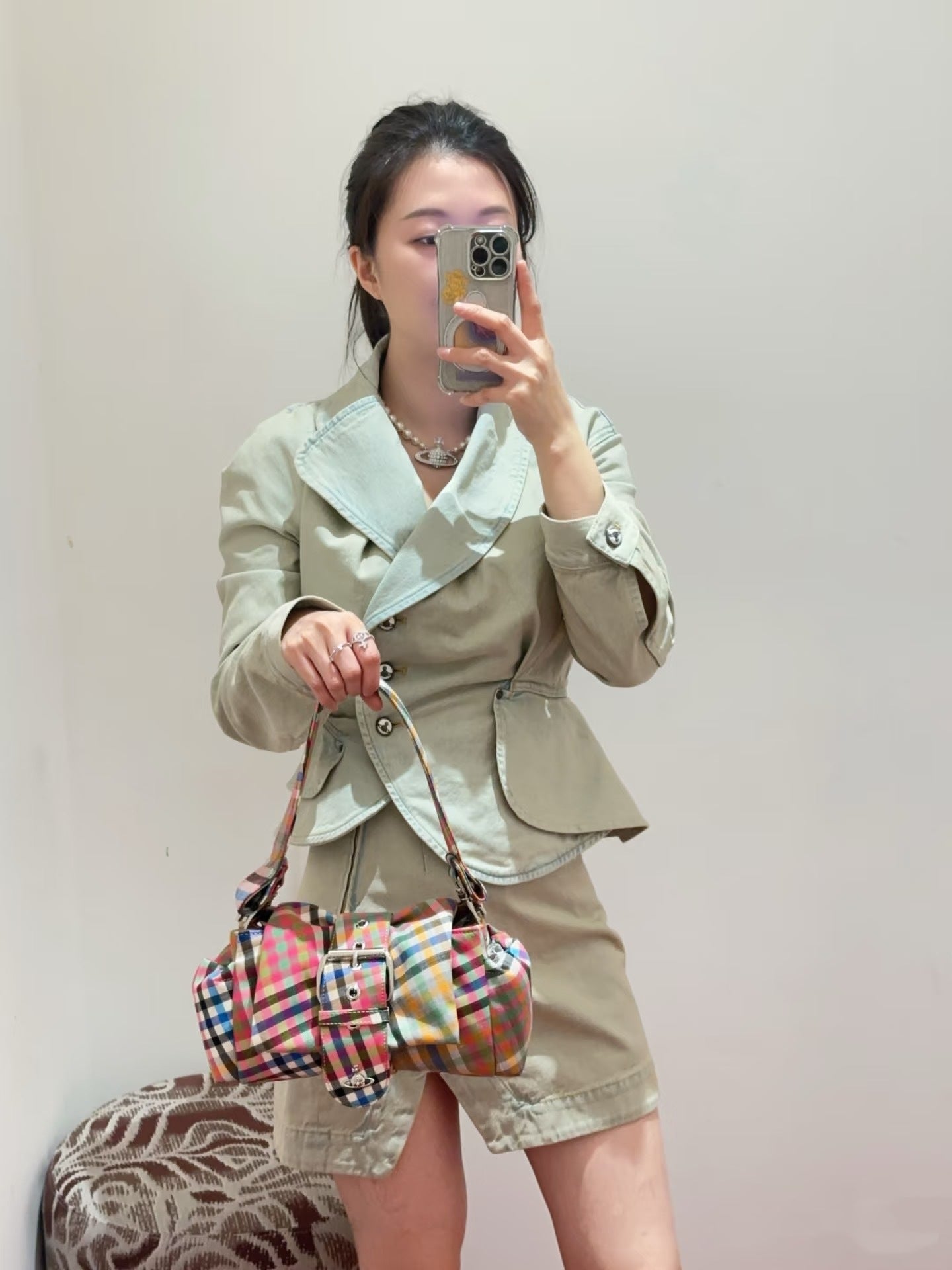 Women's Saturn Bow High-grade Rainbow Plaid Retro Women's Shoulder Bag