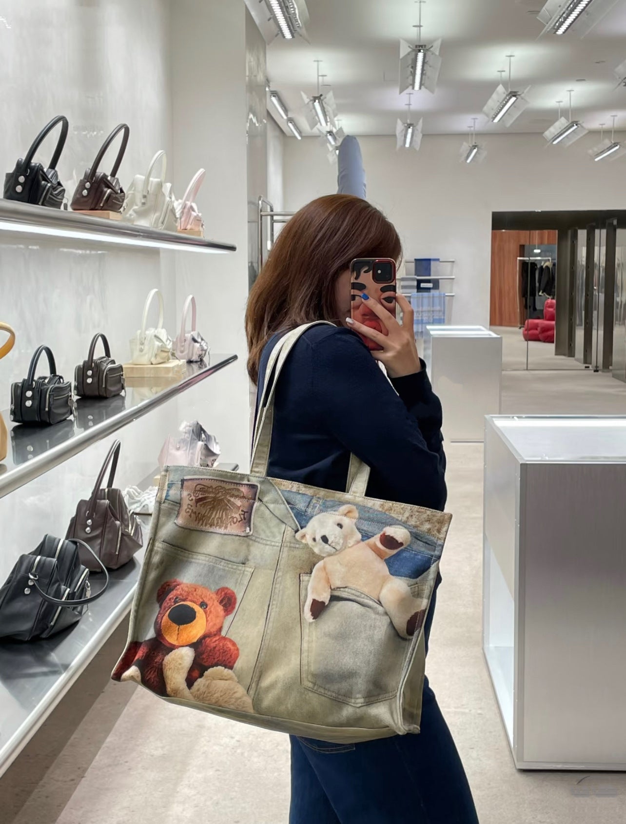 Women's & Men's Retro Denim Bear Printed Logo Large Tote Bag