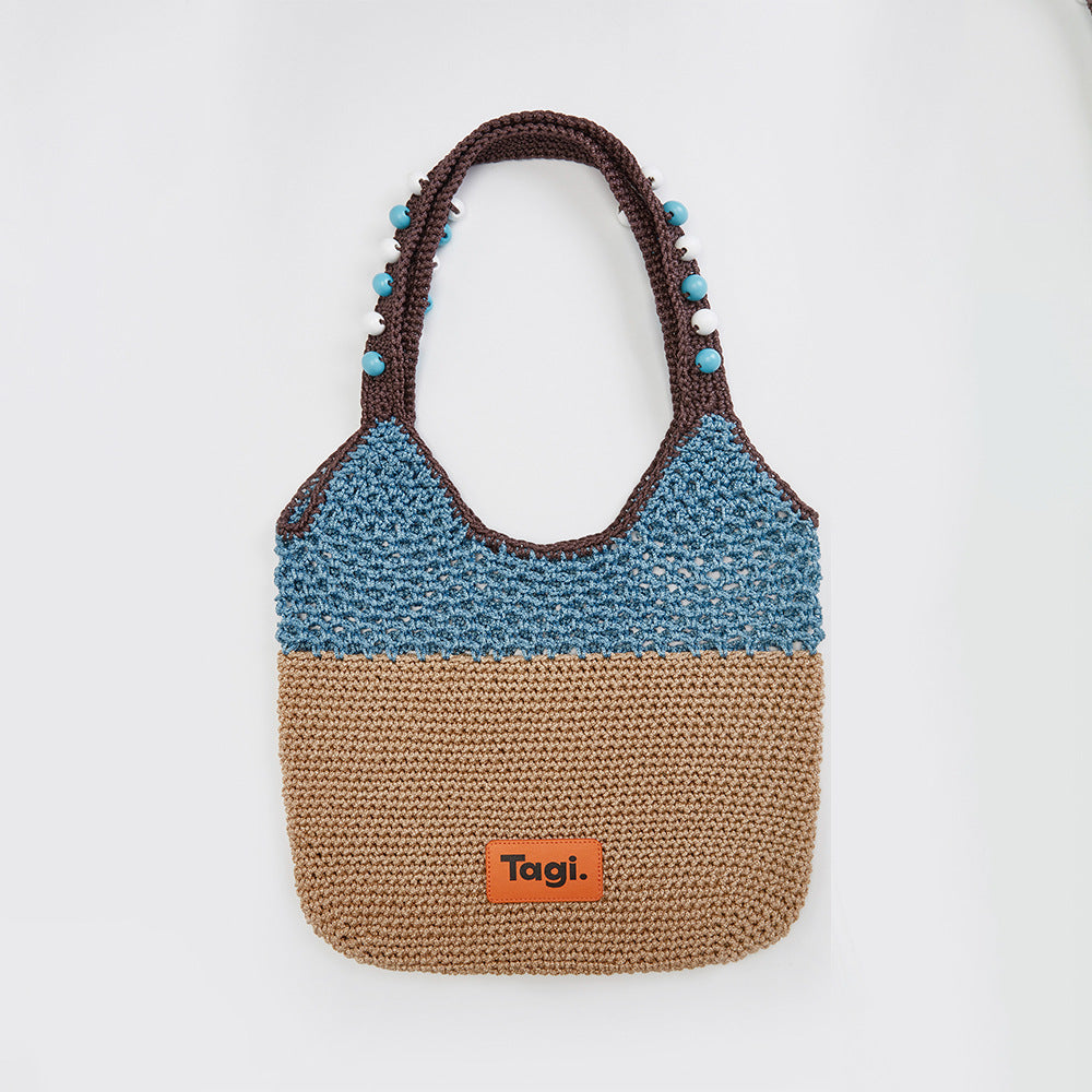 Handmade String Wooden Bead Portable Contrast Color Single Woven Women's Shoulder Bag