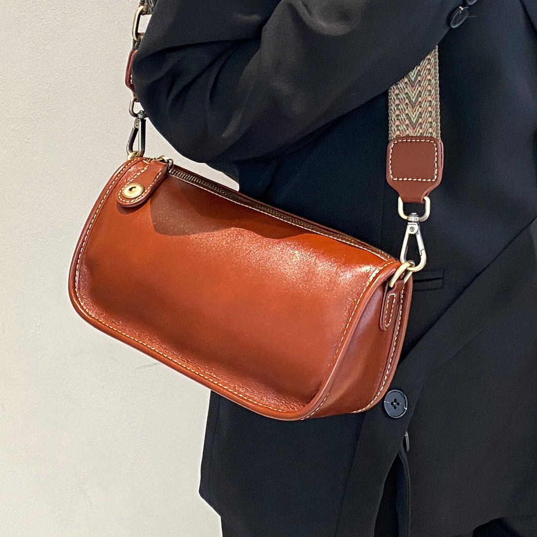 Women's Black French Tree Cream Genuine Leather Underarm Bag