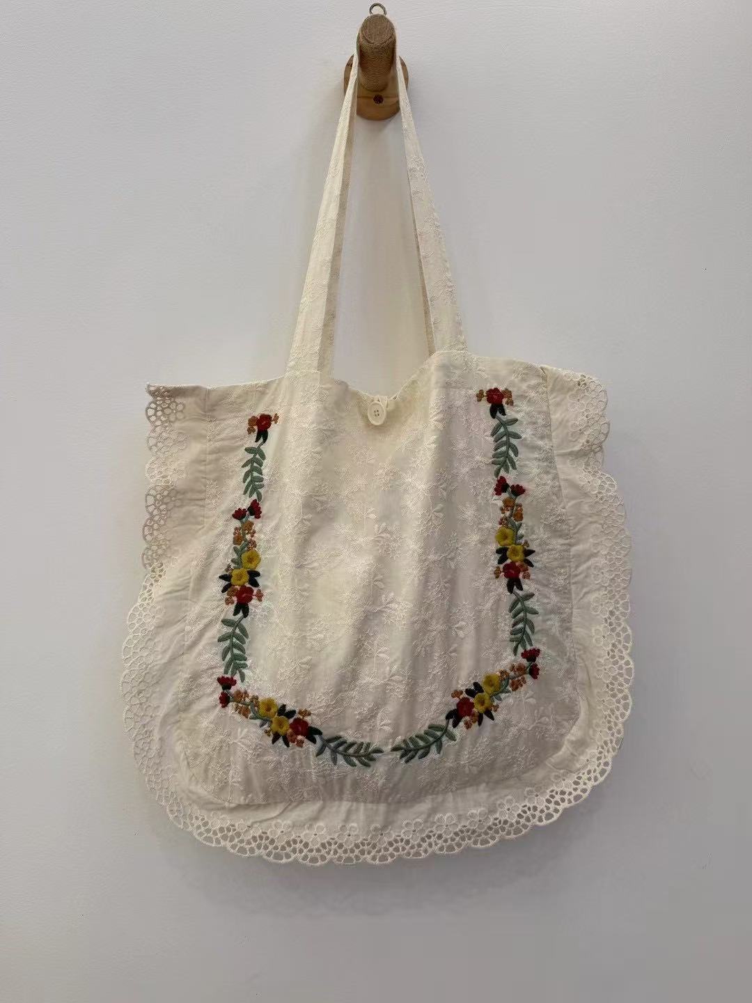 Embroidery Stitching Lace Cotton Linen Mori Style One Women's Shoulder Bag
