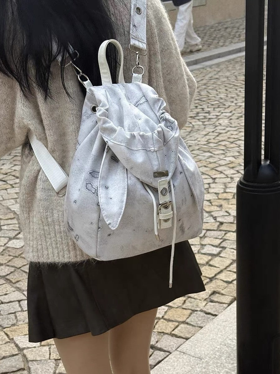 Retro Cute Rabbit Ear Design Drawstring Simple Women's Backpack