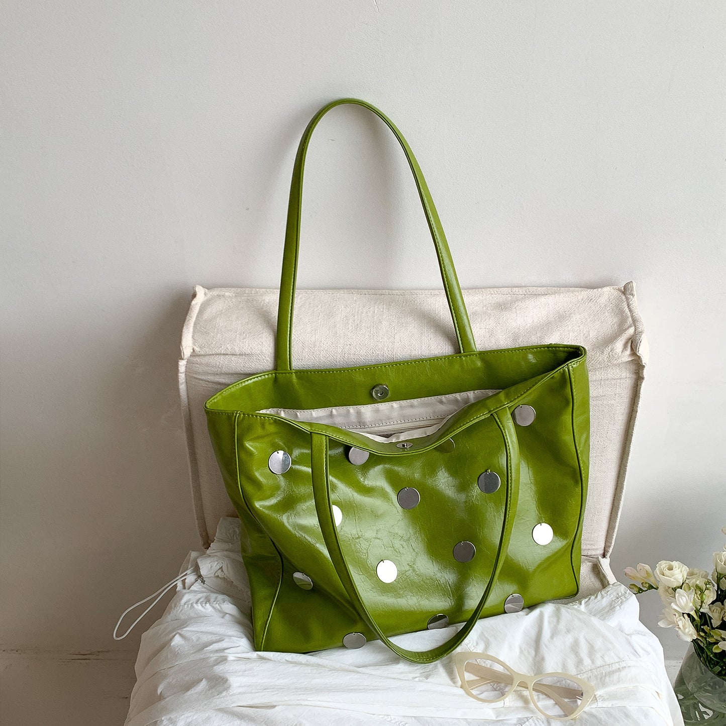 Metal Polka Dot Soft Leather Large Capacity Female Women's Shoulder Bag