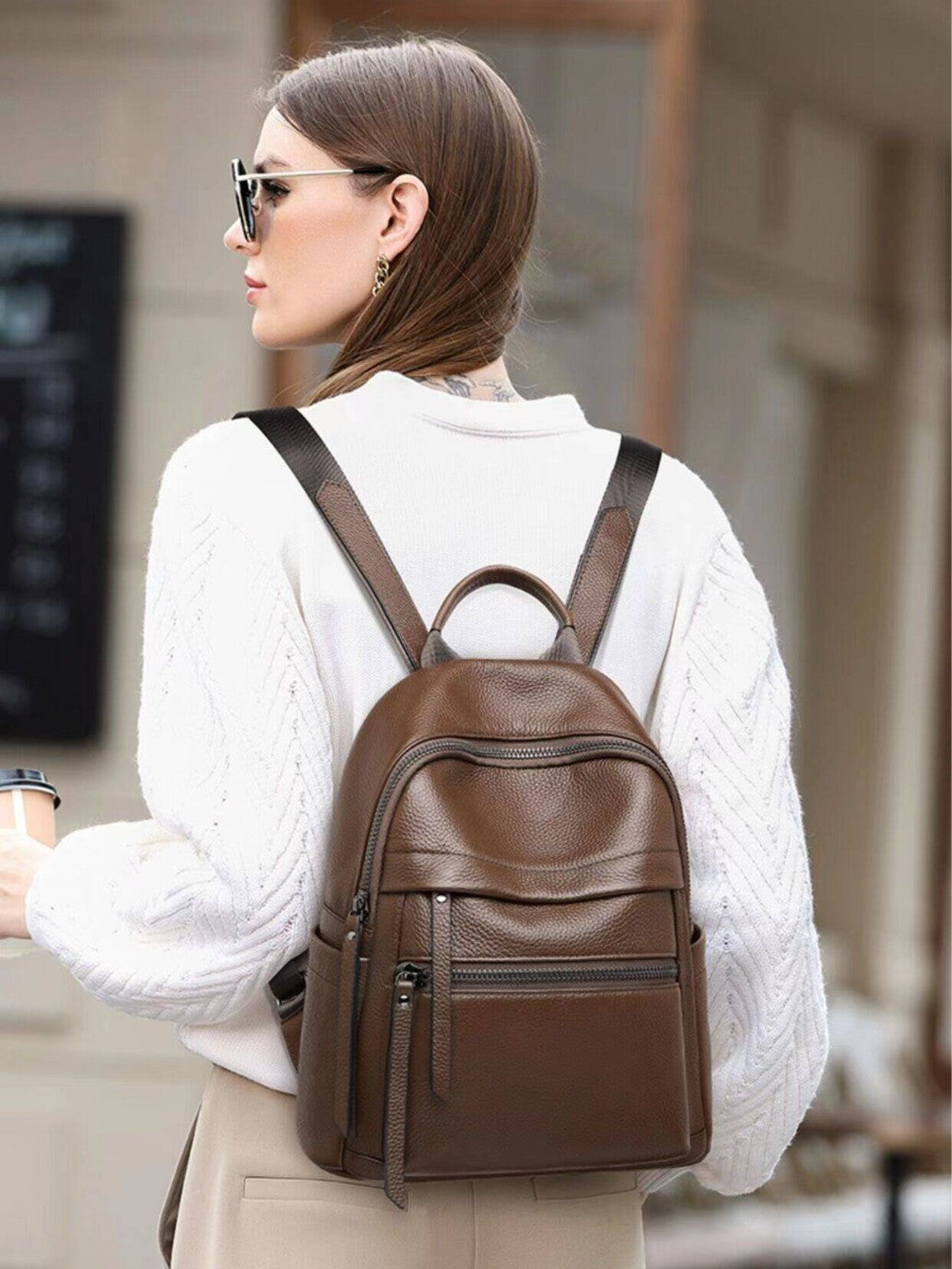 Women's Layer Leather Large Capacity Lychee Pattern Commute Backpacks