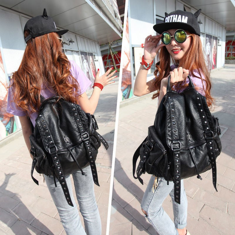 Trendy Fashion High-grade Rivet Washed Leather Women's Backpack