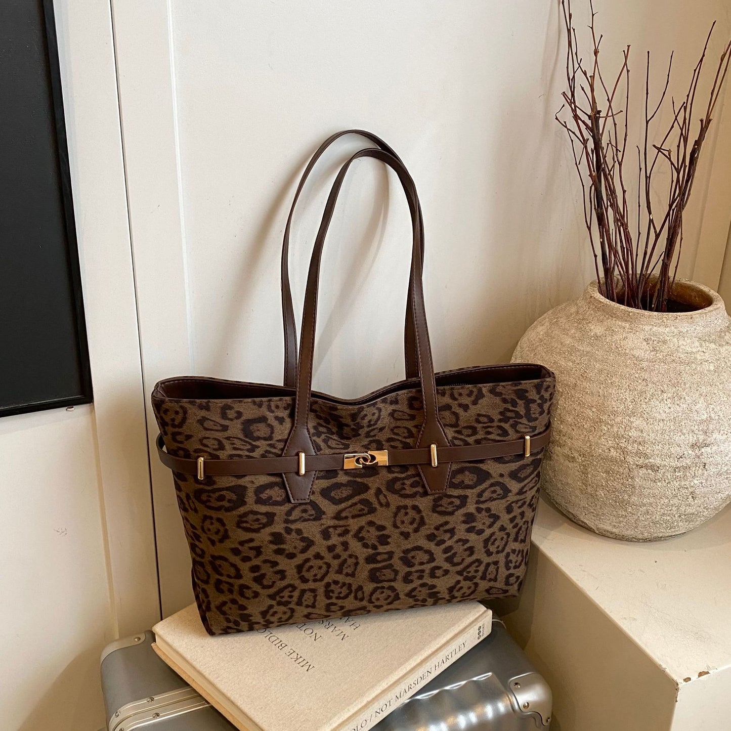 Women's Capacity Totes Suede Trendy Western Style Leopard Tote Bag