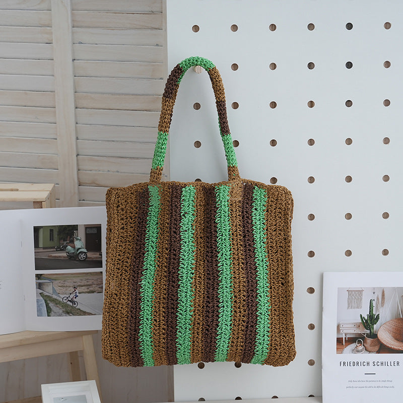 Straw Woven Hand Underarm Vertical Striped Women's Handbag