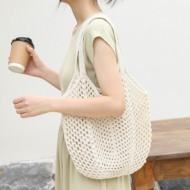 Women's Korean Drawstring Fashionable Cotton Hollow Hand-woven Women's Shoulder Bag