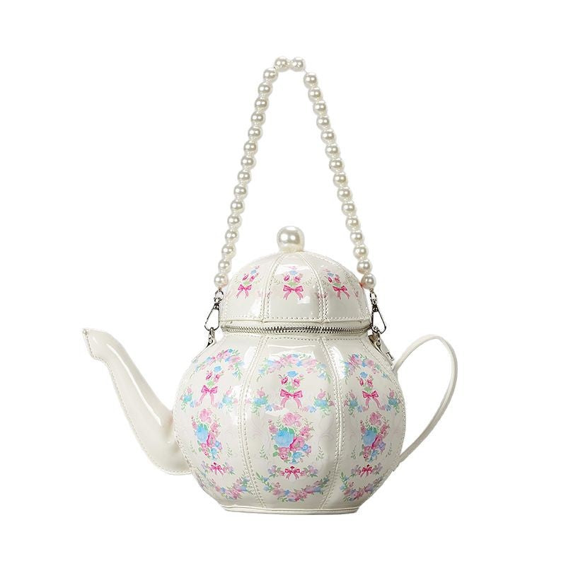 Sweet Retro Lolita Pearl Chain Printed Teapot Creative Bags