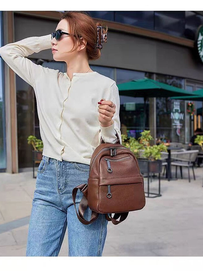 Women's First Layer Cowhide Lychee Pattern Brown Backpacks