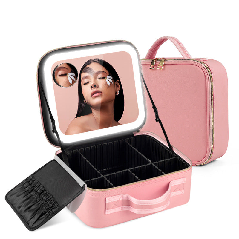Cosmetics Storage Waterproof Leather Mirror With Light Makeup Bag