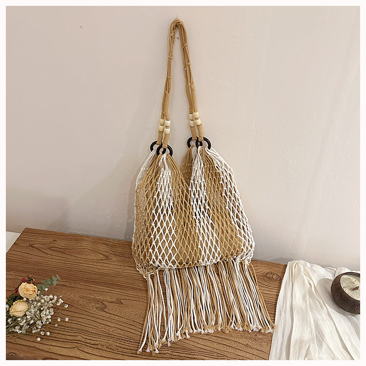 Women's Tassel Portable Woven Large Capacity Beach Vacation Niche Color Matching Women's Shoulder Bag