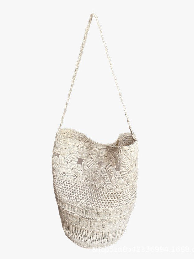 Pure White Hollow Lace Straw French Woven Vacation Beach Bucket Bag