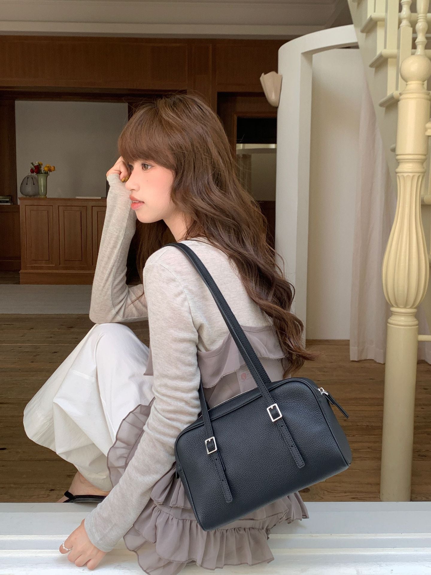 Women's Layer Cowhide Bowling Underarm High Sense Versatile Large Capacity Tote Bag