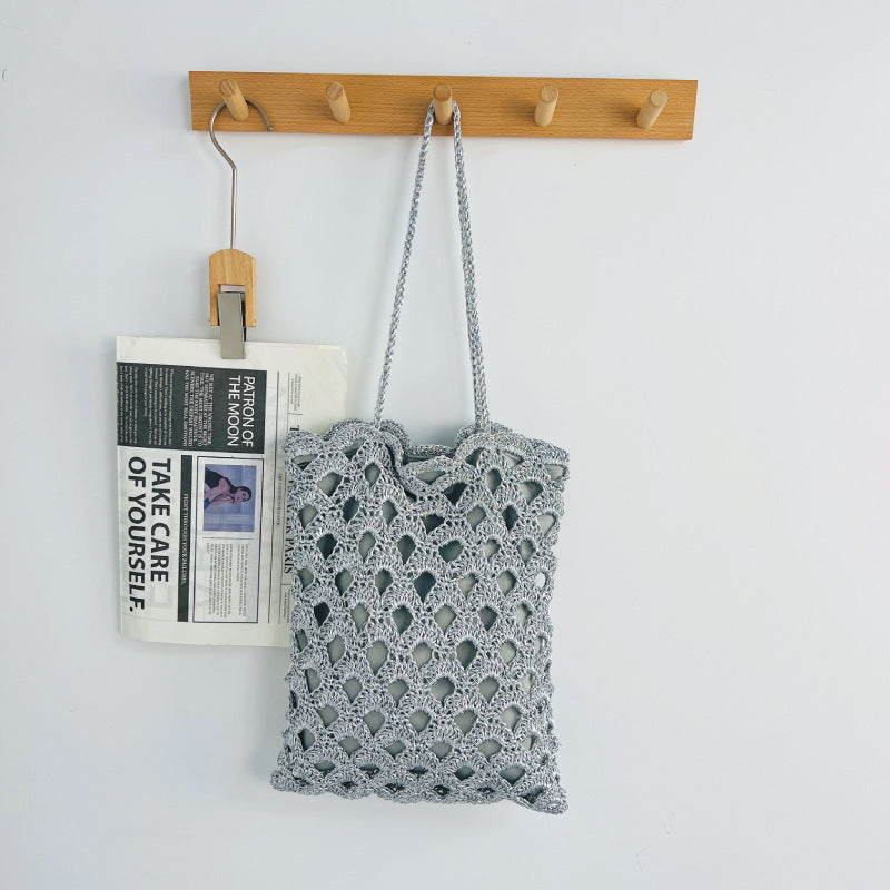 Women's Sier Hollow Straw Handmade Wave Pattern Woven Vacation Beach Niche Women's Shoulder Bag