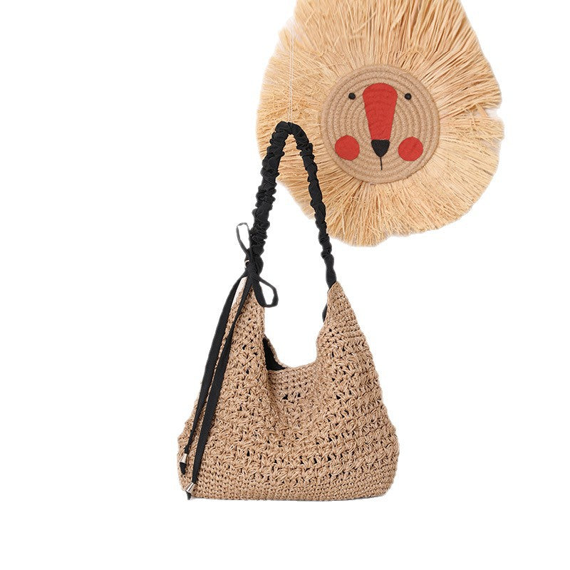 Hollow Flower Large Capacity Straw Solid Color Tassel Woven Bags