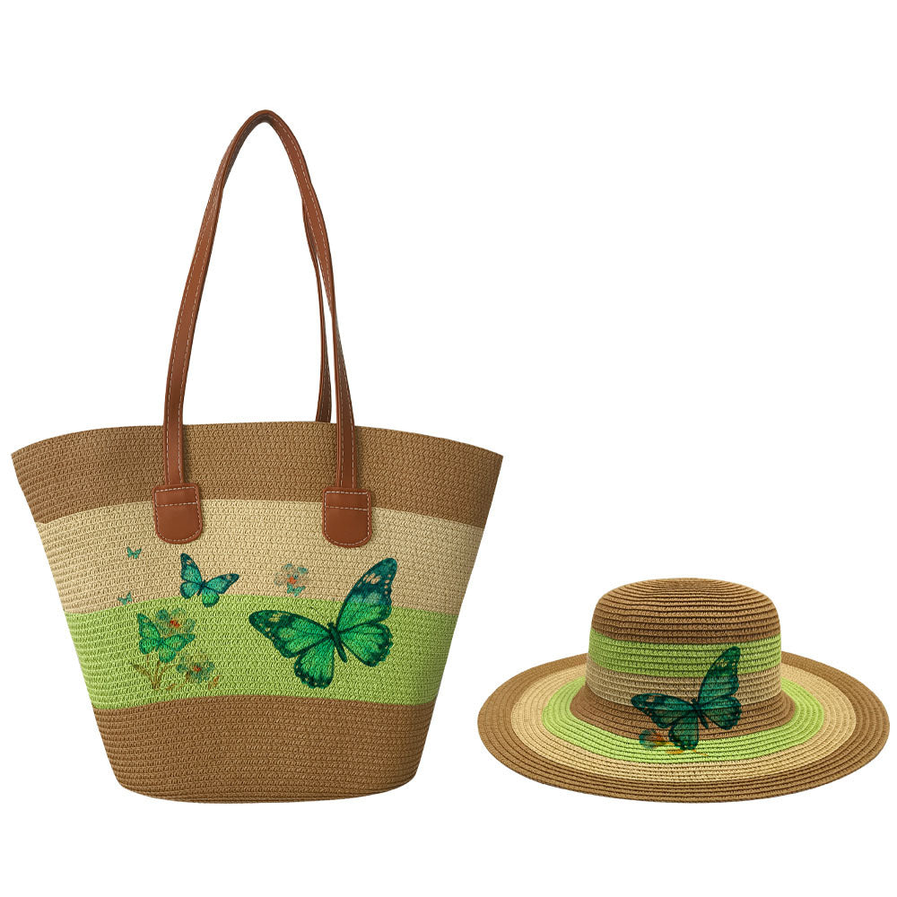 Women's Woven Hat Printing Suit Fashion Butterfly Handbags
