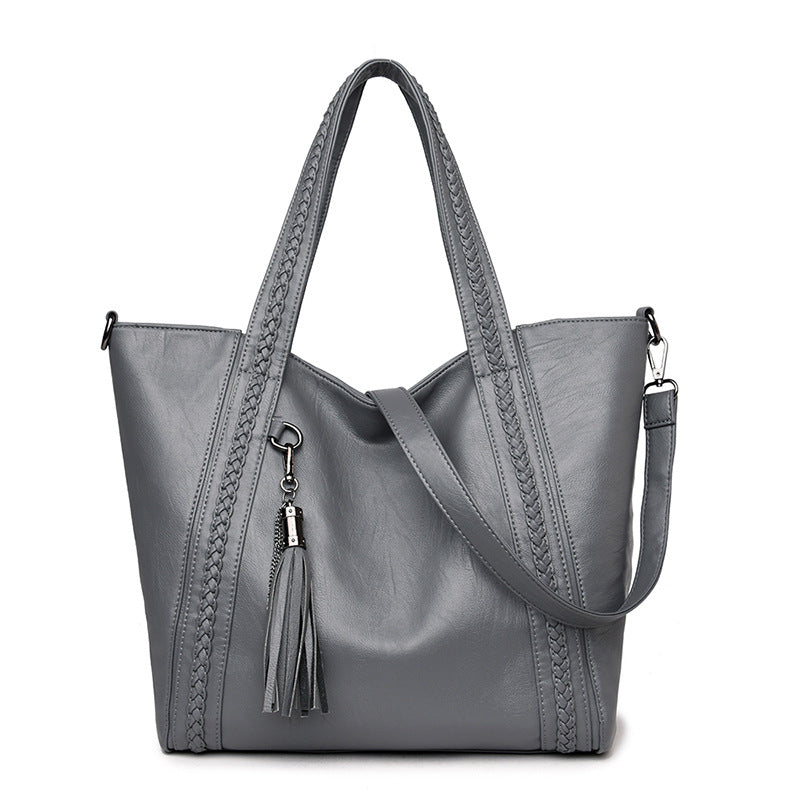 Women's Weave Large Capacity Tassel Soft Leather Commuter Tote Bag
