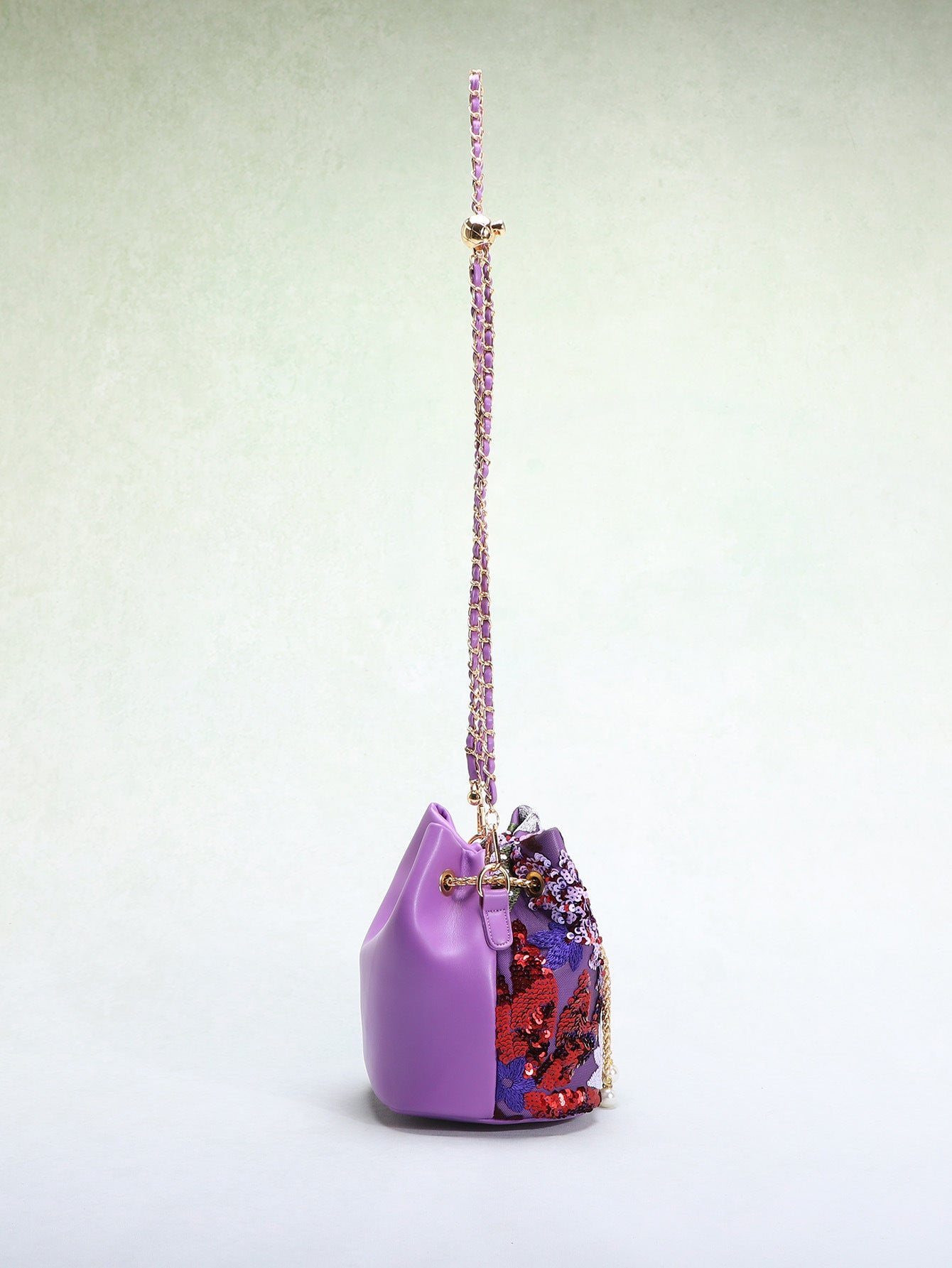 Women's Flower Embroidered Sequins Mesh Stitching Contrast Color Trendy Bucket Bag