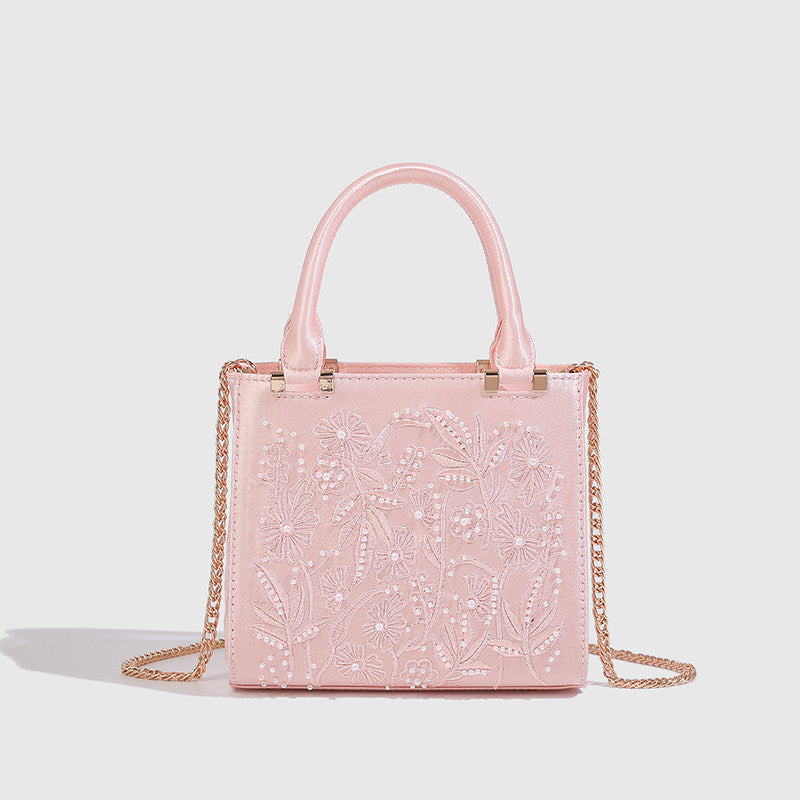 Women's Decorated Pearls Chain Silk Satin Texture Hard Women's Handbag