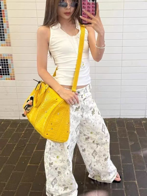 Women's & Men's Leather Pattern Colorful Crystals Gem Niche American Street Trendy Portable Tote Bag