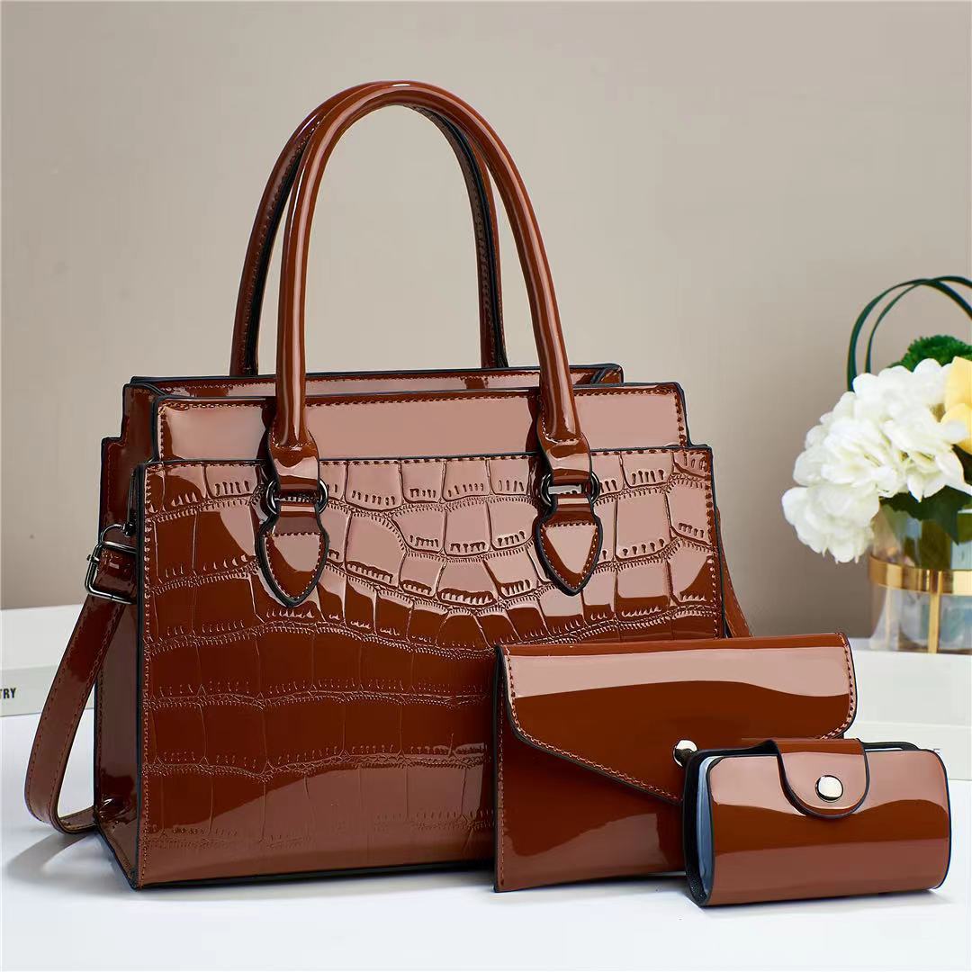 Temperament Fashion Bright Leather Three-piece Set Elegant Large Women's Handbag