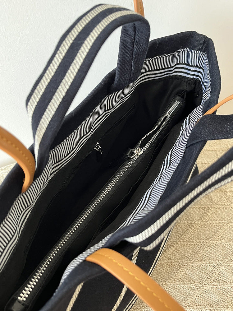 Women's One Retro Canvas Striped Beach Commuter Large Capacity Tote Bag