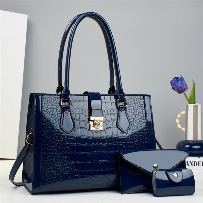Three-piece Large Capacity Bright Leather Crocodile Women's Handbag