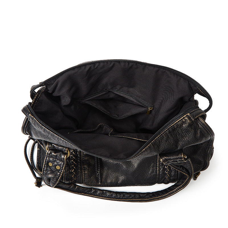 Women's French Retro Motorcycle Large Capacity Washed Women's Shoulder Bag