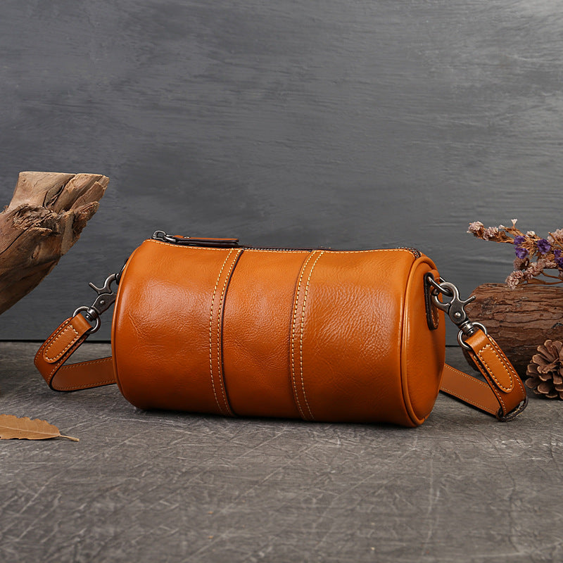 Women's Cylindrical Genuine Leather Retro National Style Shoulder Bags
